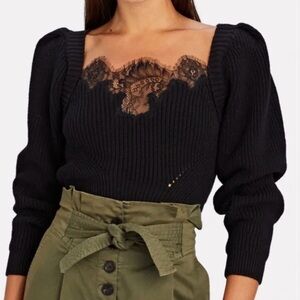 Self-Portrait Lace Puff Sleeve Cropped Sweater in black. Size M